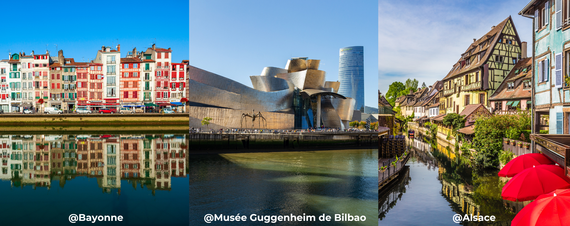 différentes vues des plusieurs paysages de bayonne, bilbao et d'alsace